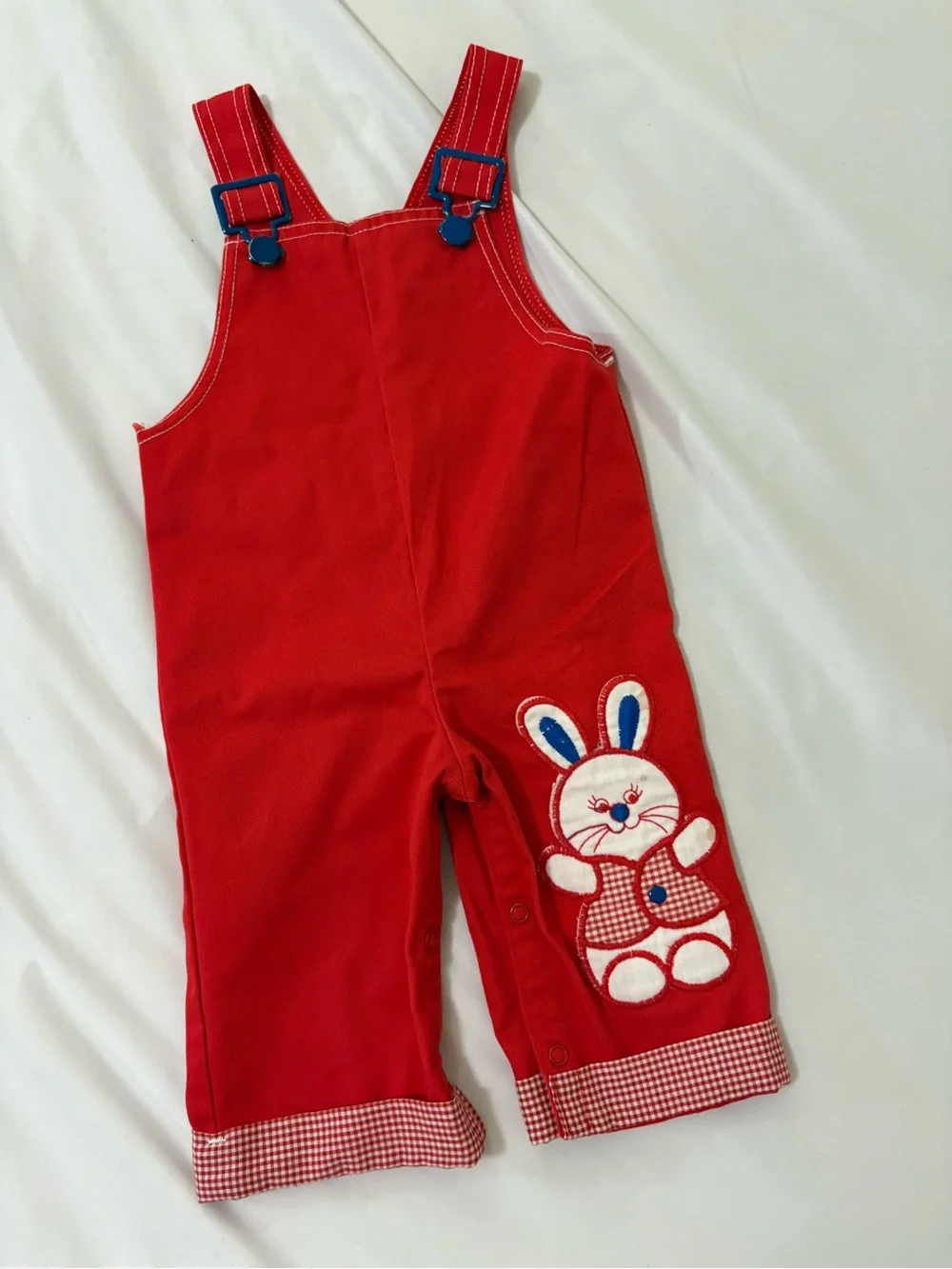 Vintage Carter's Red Overalls with Blue Strap Accents and Bunny Patch from 1980s